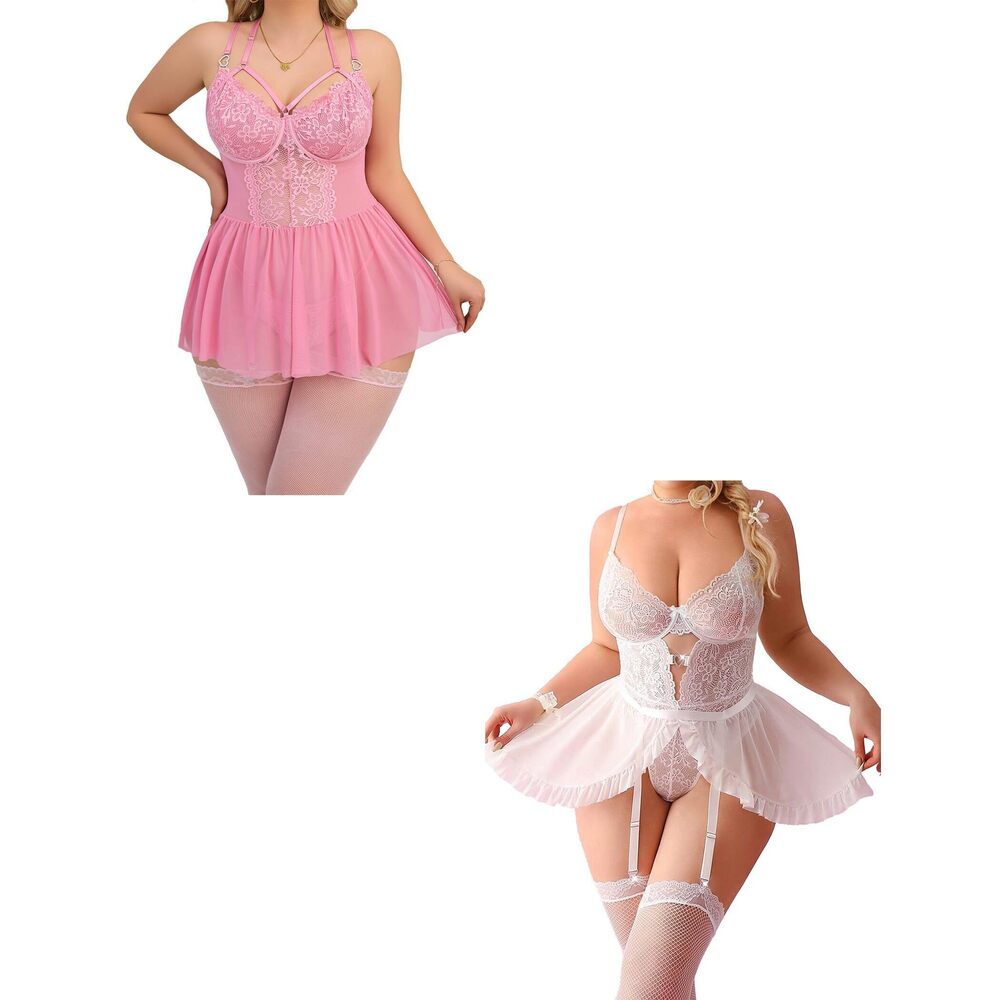1043 Sexy Stocking Lace Mesh Bodysuit Underwire Garter Nightgown Floral